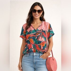 RIO & RIAN Multicolor Eyelet Pleated Tassel Top Sz 1x